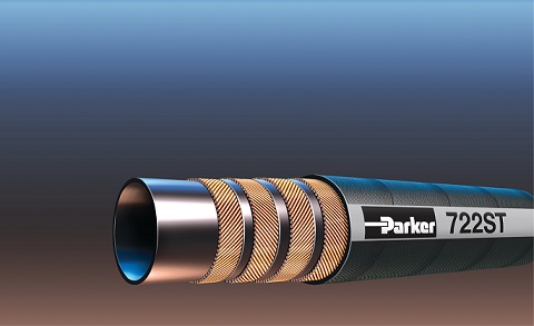 这张来自 Parker Hannifin 的图片显示了液压软管的典型结构，包括内管、四层螺旋钢丝增强层和外层。在此示例中，派克的 SuperTough 外层提供的磨损保护是标准橡胶外层软管的 450 倍。